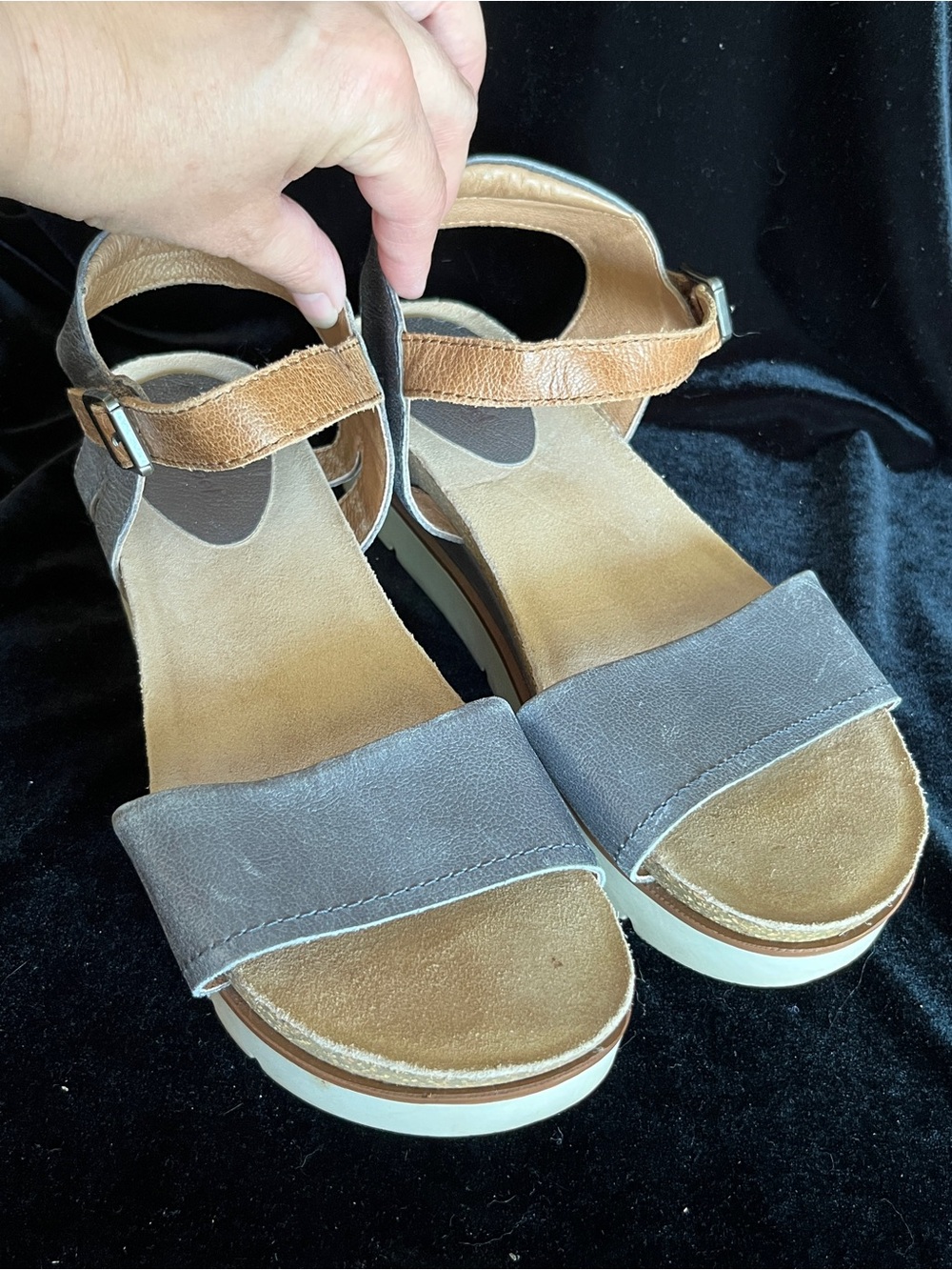 Josef Seibel Gray and Brown Leather Wedge Sandals
